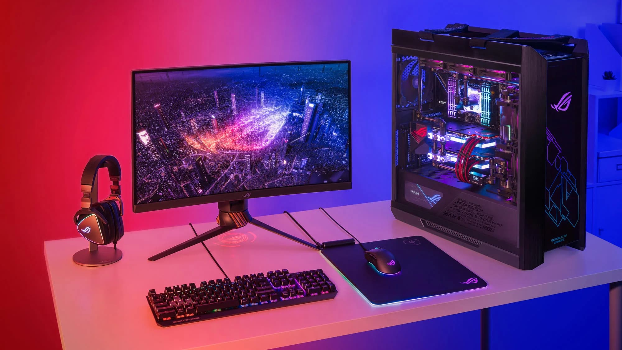 A gaming PC with the side panel removed, showing the graphics card and cooling