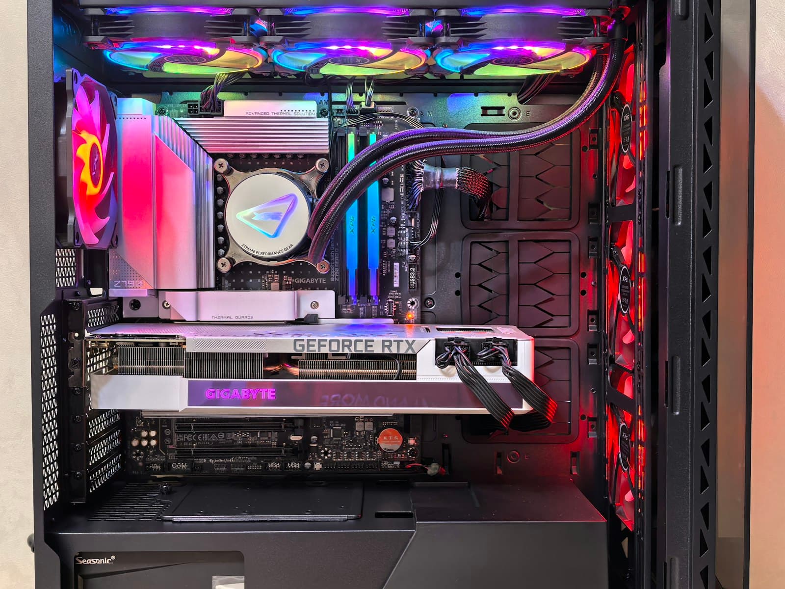 A custom gaming PC build inside a tower case — GPU length, PSU wattage, and case clearance must all be verified before you order