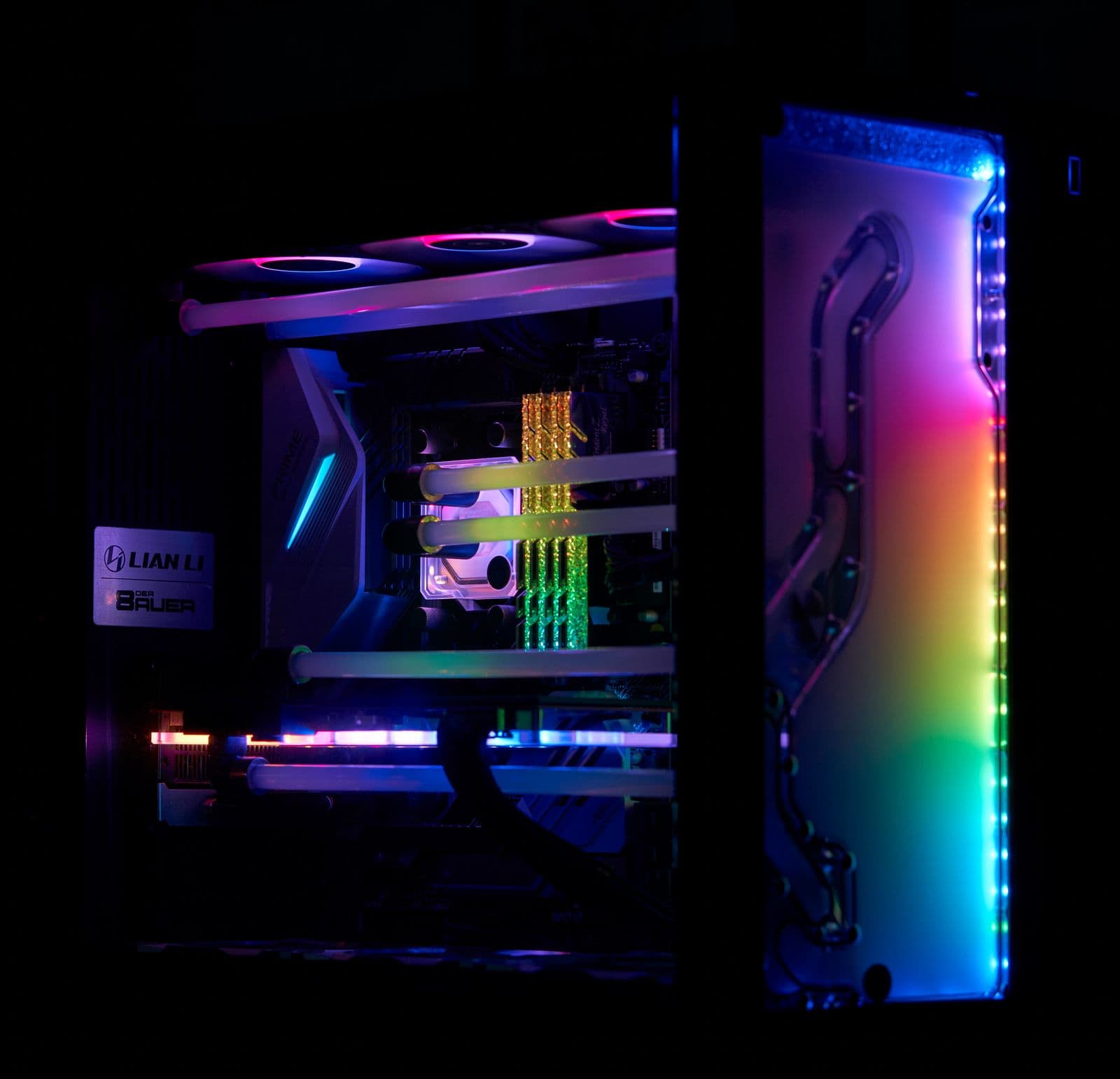 High-performance gaming PC with RGB lighting running with all components installed