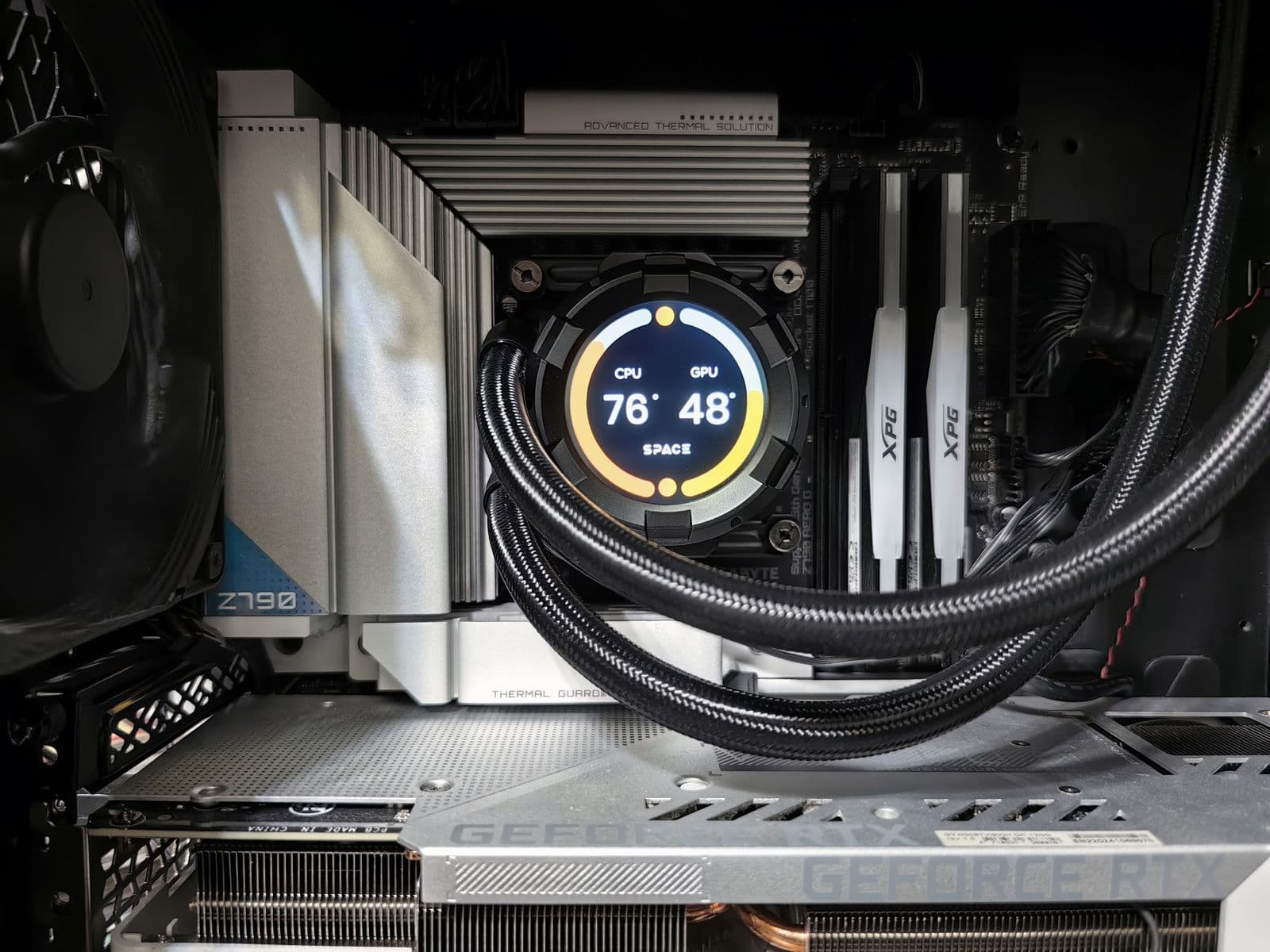 Close-up of a graphics card with an AIO liquid cooler and digital temperature display