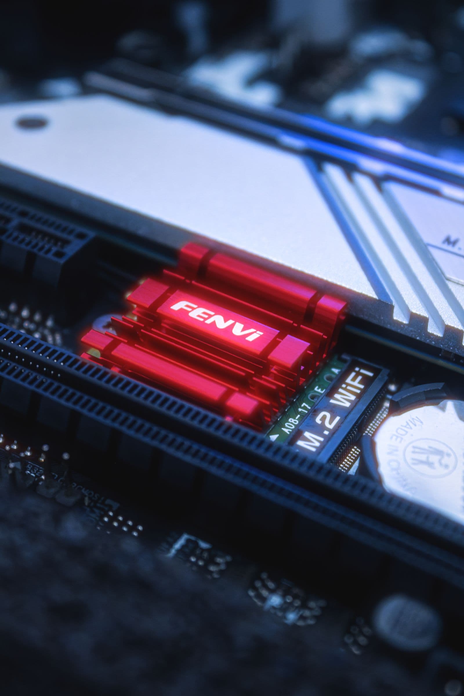 Close-up of an M.2 slot on a motherboard with a heatsink cover over it