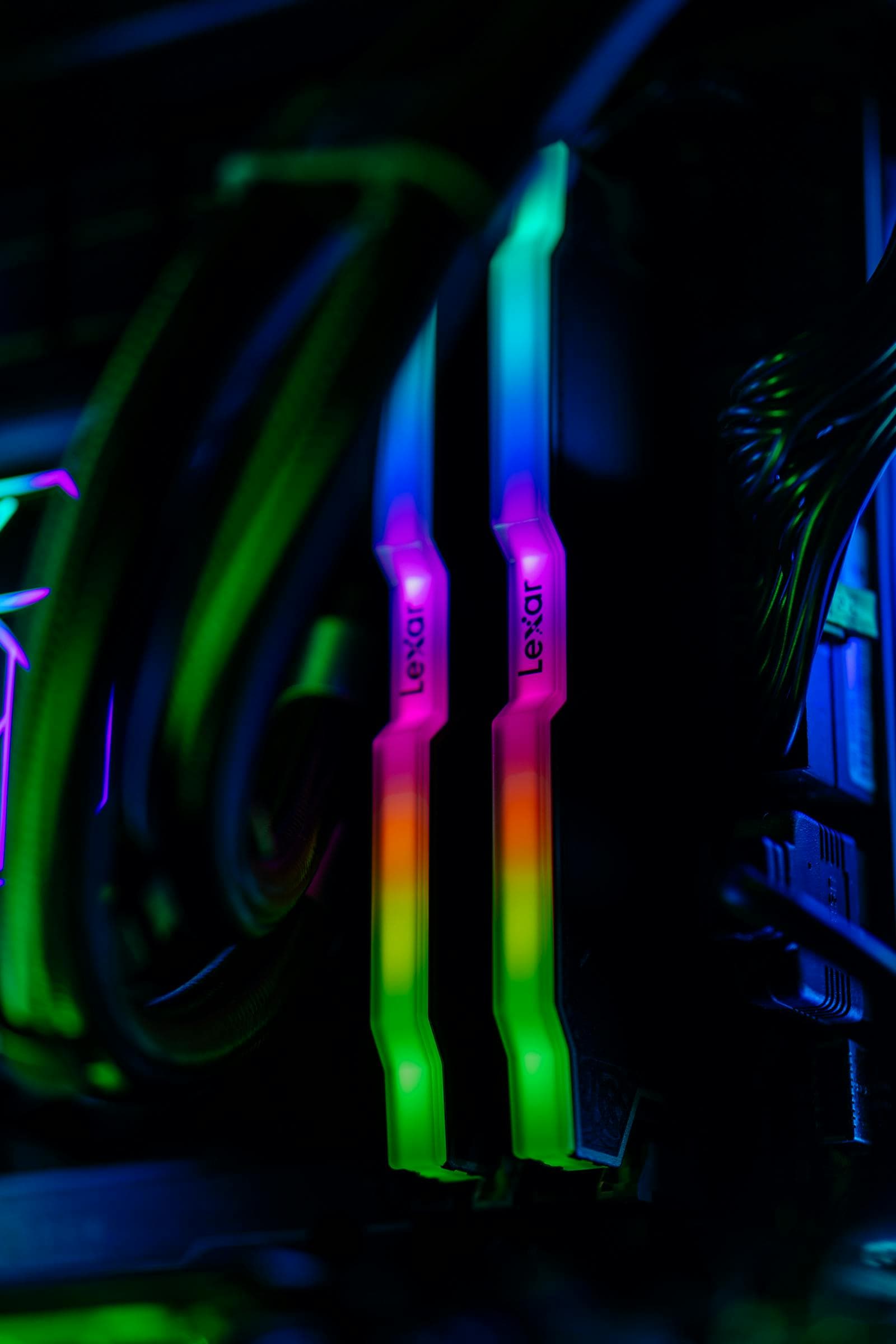 Two installed RGB memory sticks lit up inside a finished build