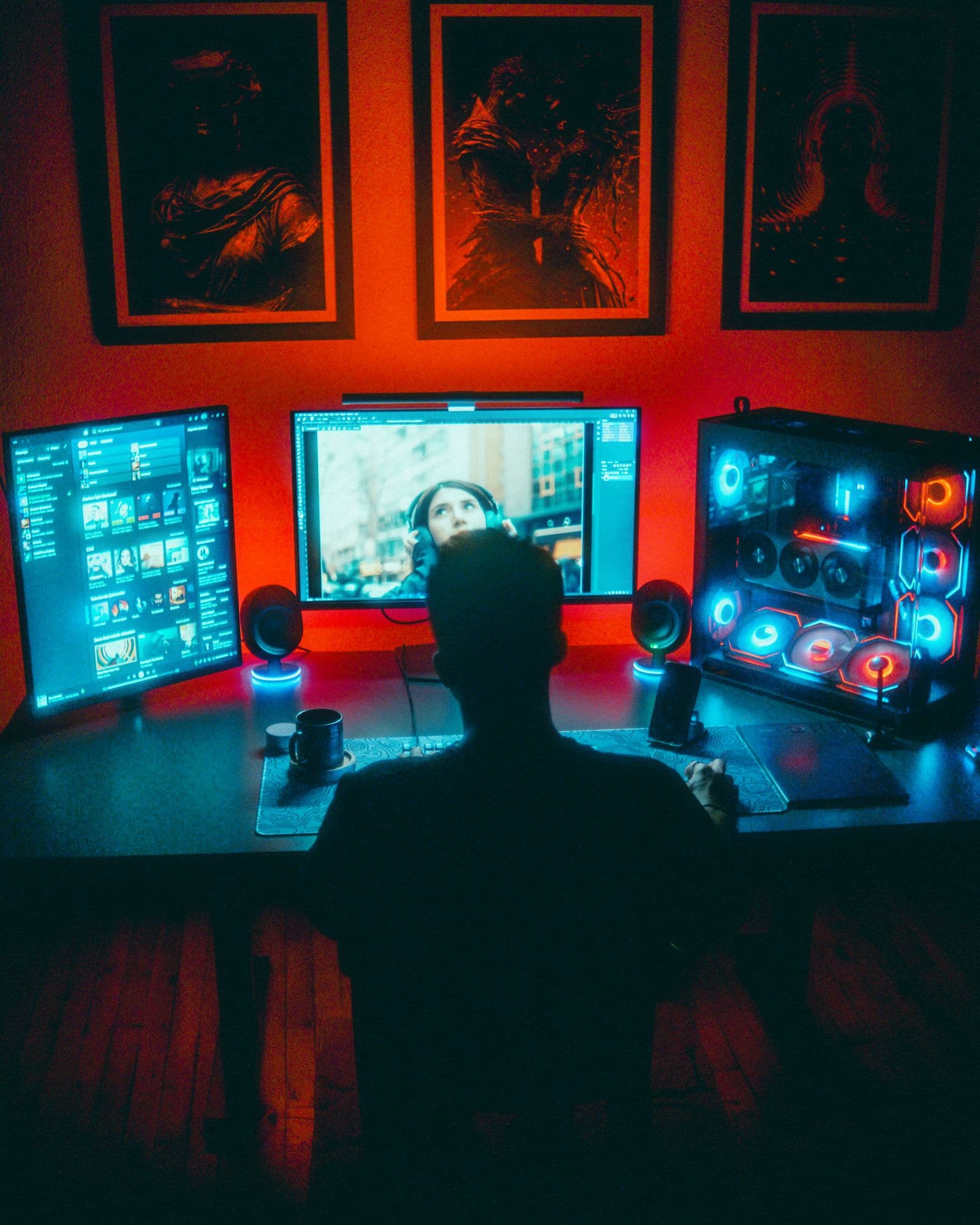 A vibrant RGB dual-monitor gaming setup at night showing the kind of 1440p gaming experience the best GPUs under $400 can deliver in 2026